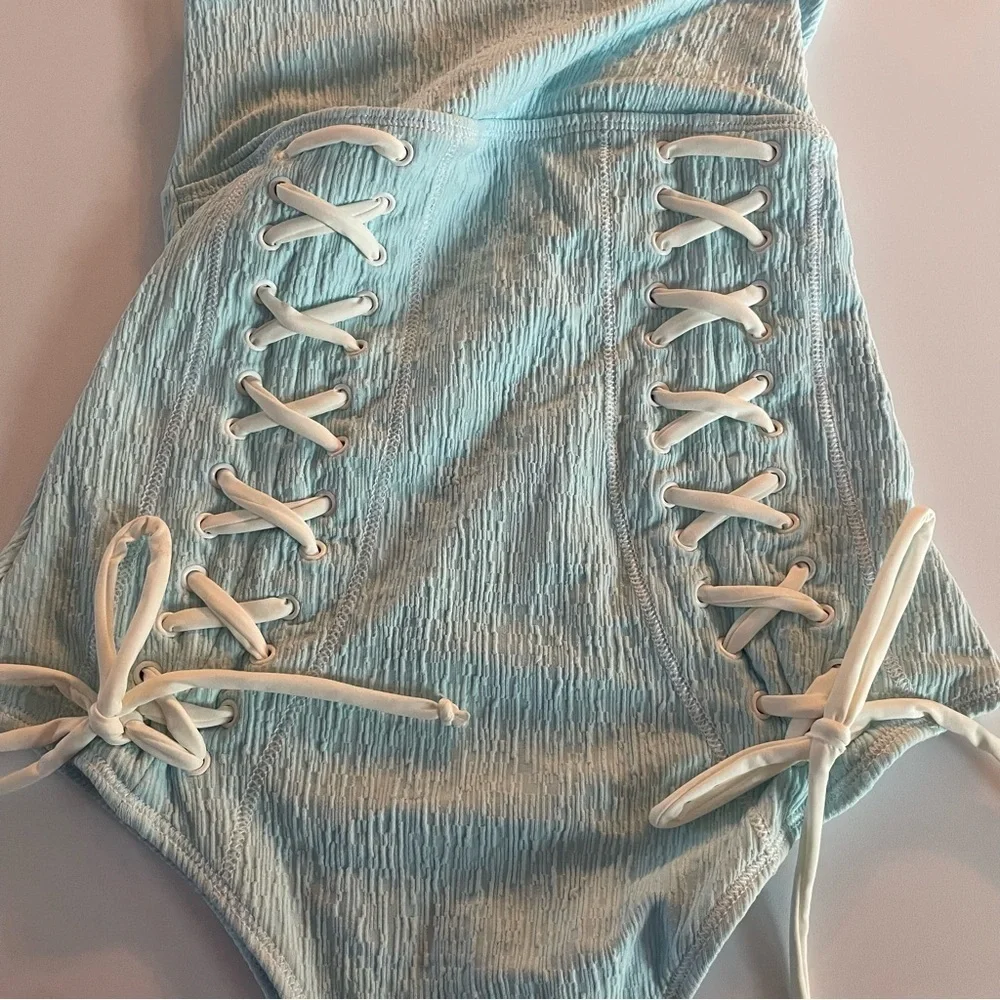 New! Frankie’s Bikinis Kylee lace-up one piece swimsuit blue 22752